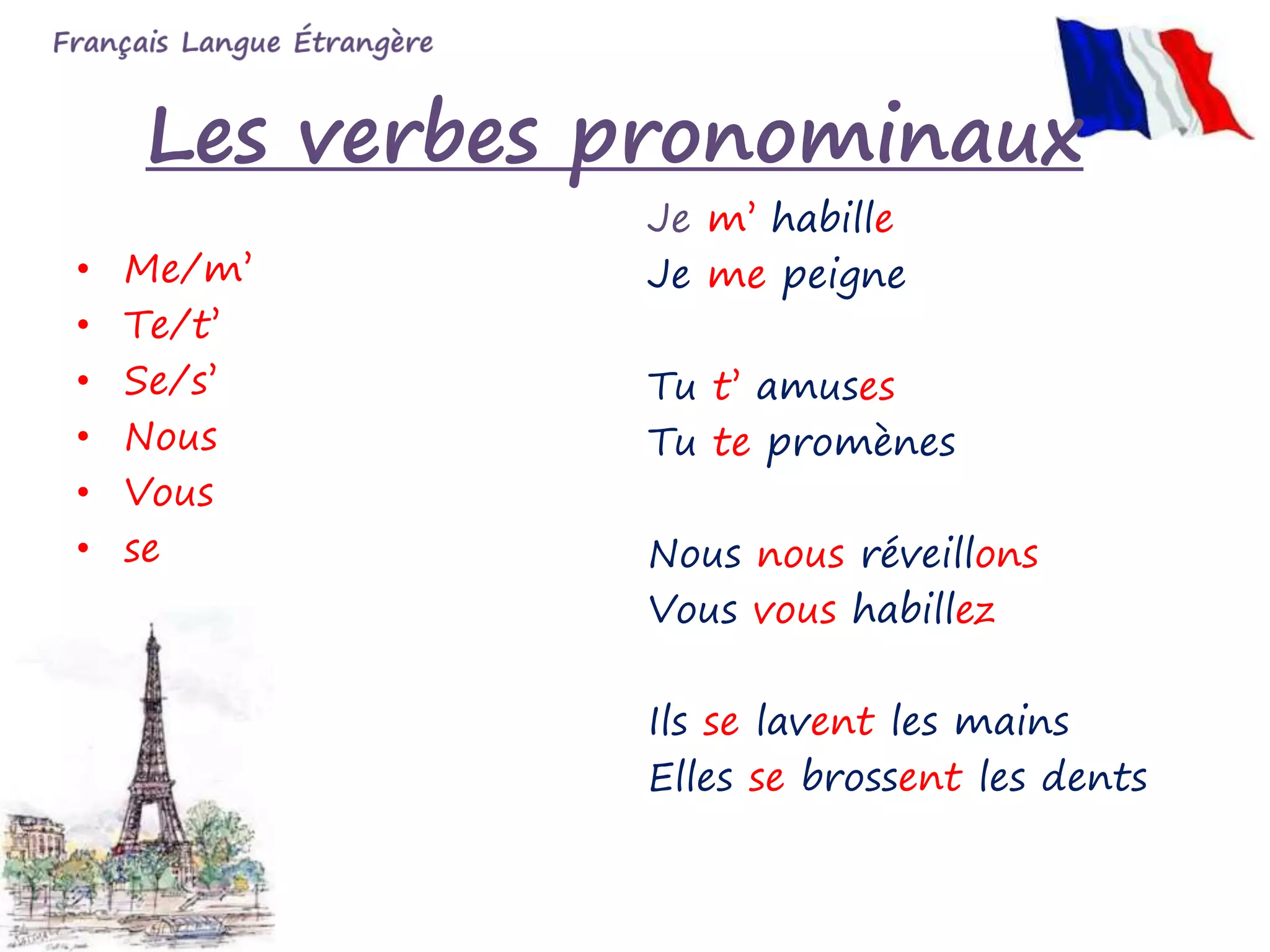 Les verbes pronominaux
• Me/m’
• Te/t’
• Se/s’
• Nous
• Vous
• se
Je m’ habille
Je me peigne
Tu t’ amuses
Tu te promènes
Nous nous réveillons
Vous vous habillez
Ils se lavent les mains
Elles se brossent les dents