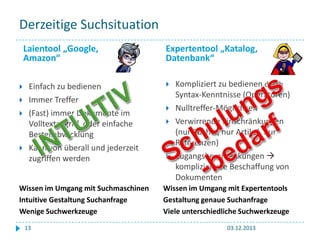 Derzeitige Suchsituation
Laientool „Google,
Amazon“






Einfach zu bedienen
Immer Treffer
(Fast) immer Dokumente im
Volltextzugriff oder einfache
Bestellabwicklung
Kann von überall und jederzeit
zugriffen werden

Wissen im Umgang mit Suchmaschinen
Intuitive Gestaltung Suchanfrage
Wenige Suchwerkzeuge
13

Expertentool „Katalog,
Datenbank“






Kompliziert zu bedienen durch
Syntax-Kenntnisse (Operatoren)
Nulltreffer-Möglichkeit
Verwirrende Einschränkungen
(nur Bücher, nur Artikel, nur
Referenzen)
Zugangsbeschränkungen 
kompliziertere Beschaffung von
Dokumenten

Wissen im Umgang mit Expertentools
Gestaltung genaue Suchanfrage
Viele unterschiedliche Suchwerkzeuge
03.12.2013

 