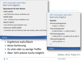 





Ergebnisse wahr/falsch
Keine Sortierung
Zu viele oder zu wenige Treffer
Aber: Sehr präzise Suche möglich
15

Steilen, 2012, Folien 5-7.
03.12.2013

 