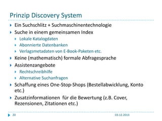 Prinzip Discovery System



Ein Suchschlitz + Suchmaschinentechnologie
Suche in einem gemeinsamen Index







Keine (mathematisch) formale Abfragesprache
Assistenzangebote







Lokale Katalogdaten
Abonnierte Datenbanken
Verlagsmetadaten von E-Book-Paketen etc.

Rechtschreibhilfe
Alternative Suchanfragen

Schaffung eines One-Stop-Shops (Bestellabwicklung, Konto
etc.)
Zusatzinformationen für die Bewertung (z.B. Cover,
Rezensionen, Zitationen etc.)
20

03.12.2013

 