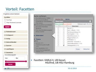 Vorteil: Facetten



24

Facetten: KARLA II, UB Kassel,
HSUfind, UB HSU Hamburg
03.12.2013

 