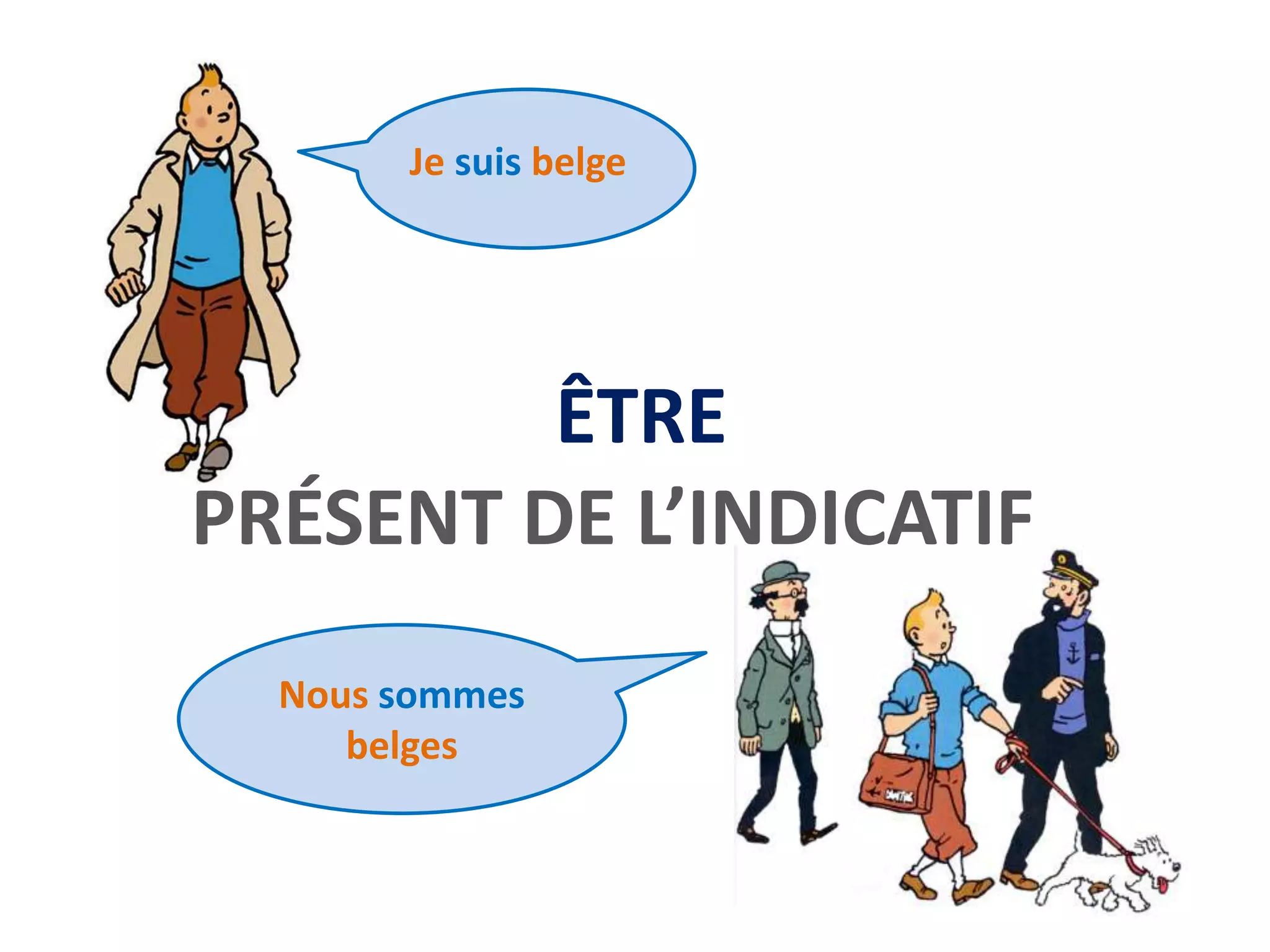 Je suis belge
ÊTRE
PRÉSENT DE L’INDICATIF
Nous sommes
belges