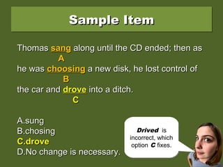 Sample ItemSample ItemSample ItemSample Item
Thomas sang along until the CD ended; then asThomas sang along until the CD ended; then as
he was choosing a new disk, he lost control ofhe was choosing a new disk, he lost control of
the car and drived into a ditch.the car and drived into a ditch.
A.A.sungsung
B.B.chosingchosing
C.C.drovedrove
D.D.No change is necessary.No change is necessary.
ThomasThomas sangsang along until the CD ended; then asalong until the CD ended; then as
AA
he washe was choosingchoosing a new disk, he lost control ofa new disk, he lost control of
BB
the car andthe car and driveddrived into a ditch.into a ditch.
CC
A.A.sungsung
B.B.chosingchosing
C.C.drovedrove
D.D.No change is necessary.No change is necessary.
ThomasThomas sangsang along until the CD ended; then asalong until the CD ended; then as
AA
he washe was choosingchoosing a new disk, he lost control ofa new disk, he lost control of
BB
the car andthe car and drovedrove into a ditch.into a ditch.
CC
A.A.sungsung
B.B.chosingchosing
C.C.drovedrove
D.D.No change is necessary.No change is necessary.
Is sang,
choosing, or
drived a badly
formed verb?
Is sang,
choosing, or
drived a badly
formed verb?
Drived is
incorrect, which
option C fixes.
Drived is
incorrect, which
option C fixes.
 
