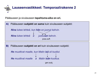 Lauseenvastikkeet: Temporaalirakenne 2 Päälauseen ja sivulauseen  tapahtuma-aika on eri.       A)  Päälauseen  subjekti on sama  kuin sivulauseen subjekti : Nina  lukee lehteä, kun  hän  on juonut kahvin. Nina  lukee lehteä  ø   juotua an  kahvin.   poss.suff. B)  Päälauseen  subjekti on eri  kuin sivulauseen subjekti: He  muuttivat maalle, kun Matin  isä  oli kuollut. He  muuttivat maalle  ø   Matin  isän  kuoltua.   gen.subj.   