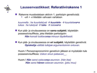 Lauseenvastikkeet:  Referatiivirakenne 1 Rakenne muodostetaan aktiivin 1. partisiipin genetiivistä: -vA + -n  liitetään vahvaan vartaloon kuunnella : he kuuntele | vat     kuuntele -    kuuntele va+n lukea : he luke | vat     luke -    luke va+n Kun pää- ja sivulauseessa on  sama subjekti , käytetään possessiivisuffiksia, joka liitetään partisiippiin: Hän  korosti luottava nsa  minuun täydellisesti. Kun pää- ja sivulauseessa on  eri   subjekti , käytetään genetiiviä: Opiskelija  väittää tutkija n  argumentoinnin ontuvan. Huom.! Persoonapronominin genetiivin jälkeen ei myöskään tule possessiivisuffiksia:  Uskon sinun palaavan__.   Huom.!   Hän  sanoi ostava nsa  asunnon. (hän itse)   Hän  sanoi  hänen  ostavan asunnon. (joku muu) 