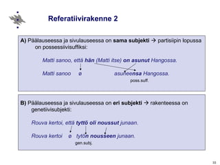 Referatiivirakenne   2 A)  Päälauseessa ja sivulauseessa on  sama subjekti    partisiipin lopussa on possessiivisuffiksi: Matti sanoo, että  hän  (Matti itse)  on asunut  Hangossa. Matti sanoo  ø   asunee nsa  Hangossa. poss.suff. B)   Päälauseessa ja sivulauseessa on  eri subjekti     rakenteessa on  genetiivisubjekti:   Rouva kertoi, että  tyttö   oli noussut  junaan. Rouva kertoi  ø  tytö n   nousseen  junaan.   gen.subj. 