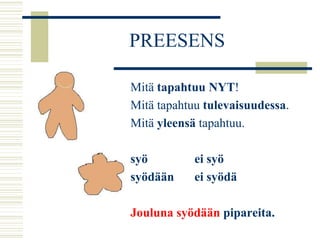 PREESENS 
Mitä tapahtuu NYT! 
Mitä tapahtuu tulevaisuudessa. 
Mitä yleensä tapahtuu. 
syö ei syö 
syödään ei syödä 
Joulun...