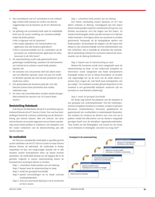 juni/juli 2008 banking review 51
Stap 1: committeer beide partijen aan een dialoog
Een betere aansluiting tussen Business en ICT kan
alleen ontstaan in dialoog. Voorafgaand aan het traject
dienen beide partijen expliciet commitment af te geven; een
kritieke succesfactor voor het slagen van het traject. Ze
moeten het belangrijk vinden (op alle niveaus) en er tijd aan
willen besteden. Vervolgens dient een kernteam te worden
geformeerd, bestaande uit de belangrijkste spelers van
beide partijen. Zij doorlopen de stappen van dit traject met
elkaar en zijn verantwoordelijk voor het erbij betrekken van
hun achterban. Het is namelijk de achterban die uiteinde-
lijk de aansluiting verbetert en zij moeten daarom de meer-
waarde van de dialoog (h)erkennen.
Stap 2: bepaal waar de samenwerking nu staat
Binnen het kernteam wordt eerst vastgesteld waar de
samenwerking nu staat. In een onderzoek (enquêtes en
interviews) wordt vastgesteld wat beide ketenpartners
belangrijk vinden en hoe ze elkaar beoordelen. Ze worden
ook uitgenodigd om op de stoel van de ander plaats te
nemen door vragen als ‘wat heeft jouw ketenpartner van
jou nodig?’. De resultaten worden plenair besproken en het
resultaat is een gezamenlijk startpunt: waarover zijn we
tevreden en wat behoeft verbetering?
Stap 3: maak het groeipad inzichtelijk
De derde stap betreft het plaatsen van dit startpunt in
een groeipad van verbeterpotentieel. Om het verbeterpo-
tentieel in hapklare brokken te verdelen, worden in plenaire
discussies verbeterthema’s benoemd, gedeﬁnieerd en
geprioriteerd (zie voorbeelden in onderstaande illustratie).
Het verdient de voorkeur de thema’s een voor een op te
pakken omdat het effectueren van de thema’s vergaande
gevolgen heeft voor de betrokken organisatieonderdelen.
‘Wat vinden we het belangrijkst, wat lossen we als eerste
op en minstens zo belangrijk: wat doen we (nog) niet?’
4. Het centraliseren van ICT-activiteiten in een zelfstan-
dige entiteit leidt meestal tot verlies van directe
zeggenschap van de business op de ICT-dienstverle-
ning.
5. De splitsing van activiteiten leidt vaak tot onduidelijk-
heid over de exacte verdeling van verantwoordelijk-
heden bij beide partijen.
• Wie is eigenaar van de systemen?
• Wie maakt afspraken over functionaliteit van
applicaties met alle business gebruikers?
• Wie is verantwoordelijk voor de continuïteit van de
processen (en ondersteunende applicaties en infra-
structuur) in de hele keten?
6. De samenwerking wordt vaak gekenmerkt door
gedwongen winkelnering, waardoor de instrumenten
om invloed uit te oefenen vanuit beide partijen
beperkt zijn.
7. De toename van concurrentie stelt niet alleen eisen
aan een efﬁciënte operatie, maar ook aan een snelle
en ﬂexibele operatie die snel nieuwe producten op de
markt kan zetten.
8. Eén gemandateerde business partij die over alle
bancaire ketens heen prioriteiten kan stellen,
ontbreekt vaak.
9. De eisen van toezichthouders worden steeds strenger
(bijvoorbeeld ten aanzien van ‘In Control State-
ments’).
Doelstelling Rabobank
Ook binnen de Rabobank zijn de ICT-activiteiten gecen-
traliseerd binnen één ICT Service Center. Een van hun doel-
stellingen betreft de continue verbetering van de dienstver-
lening aan interne klanten. Met een selectie van deze
interne klanten is een pilot opgestart om een betere aanslui-
ting tussen beide partijen te realiseren; een startpunt voor
het verder verbeteren van de dienstverlening aan alle
interne klanten.
De methodiek
De hiervoor ontwikkelde methodiek is speciﬁek gericht
op het verbinden van het ICT Service Center en haar interne
klanten binnen de Rabobank. De methodiek is breder
toepasbaar en kan van toegevoegde waarde zijn in alle
situaties waarin ketenpartners beter op elkaar moeten
aansluiten. De methodiek bestaat uit vijf stappen die in de
gestelde volgorde in nauwe samenwerking tussen de
ketenpartners doorlopen dienen te worden.
Stap 1: committeer beide partijen aan een dialoog
Stap 2: bepaal waar de samenwerking nu staat
Stap 3: maak het groeipad inzichtelijk
Stap 4: spreek verwachtingen uit en maak concrete
resultaatafspraken
Stap 5: richt een structurele dialoog in om te monitoren
en bij te sturen
Groeipad in de samenwerking
 