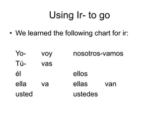 Using Ir- to go
• We learned the following chart for ir:
Yo- voy nosotros-vamos
Tú- vas
él ellos
ella va ellas van
usted ustedes
 
