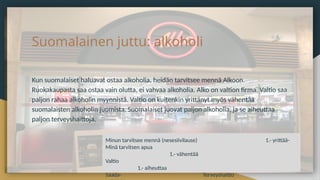 Suomalainen juttu: alkoholi
Kun suomalaiset haluavat ostaa alkoholia, heidän tarvitsee mennä Alkoon.
Ruokakaupasta saa ostaa vain olutta, ei vahvaa alkoholia. Alko on valtion firma. Valtio saa
paljon rahaa alkoholin myynnistä. Valtio on kuitenkin yrittänyt myös vähentää
suomalaisten alkoholin juomista. Suomalaiset juovat paljon alkoholia, ja se aiheuttaa
paljon terveyshaittoja.
Minun tarvitsee mennä (nesesiivilause) 1.- yrittää-
Minä tarvitsen apua
1.- vähentää
Valtio
1.- aiheuttaa
Saada- Terveyshaitto
 