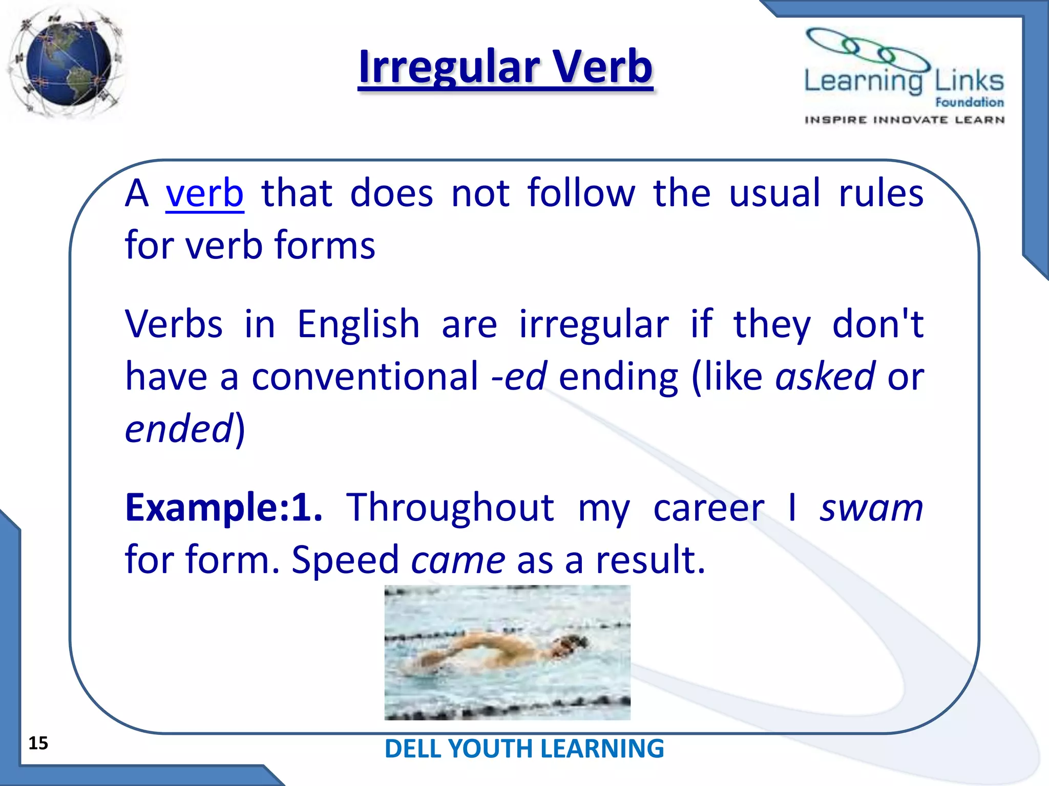 Irregular Verb
A verb that does not follow the usual rules
for verb forms

Verbs in English are irregular if they don't
have a conventional -ed ending (like asked or
ended)
Example:1. Throughout my career I swam
for form. Speed came as a result.

15

DELL YOUTH LEARNING

 