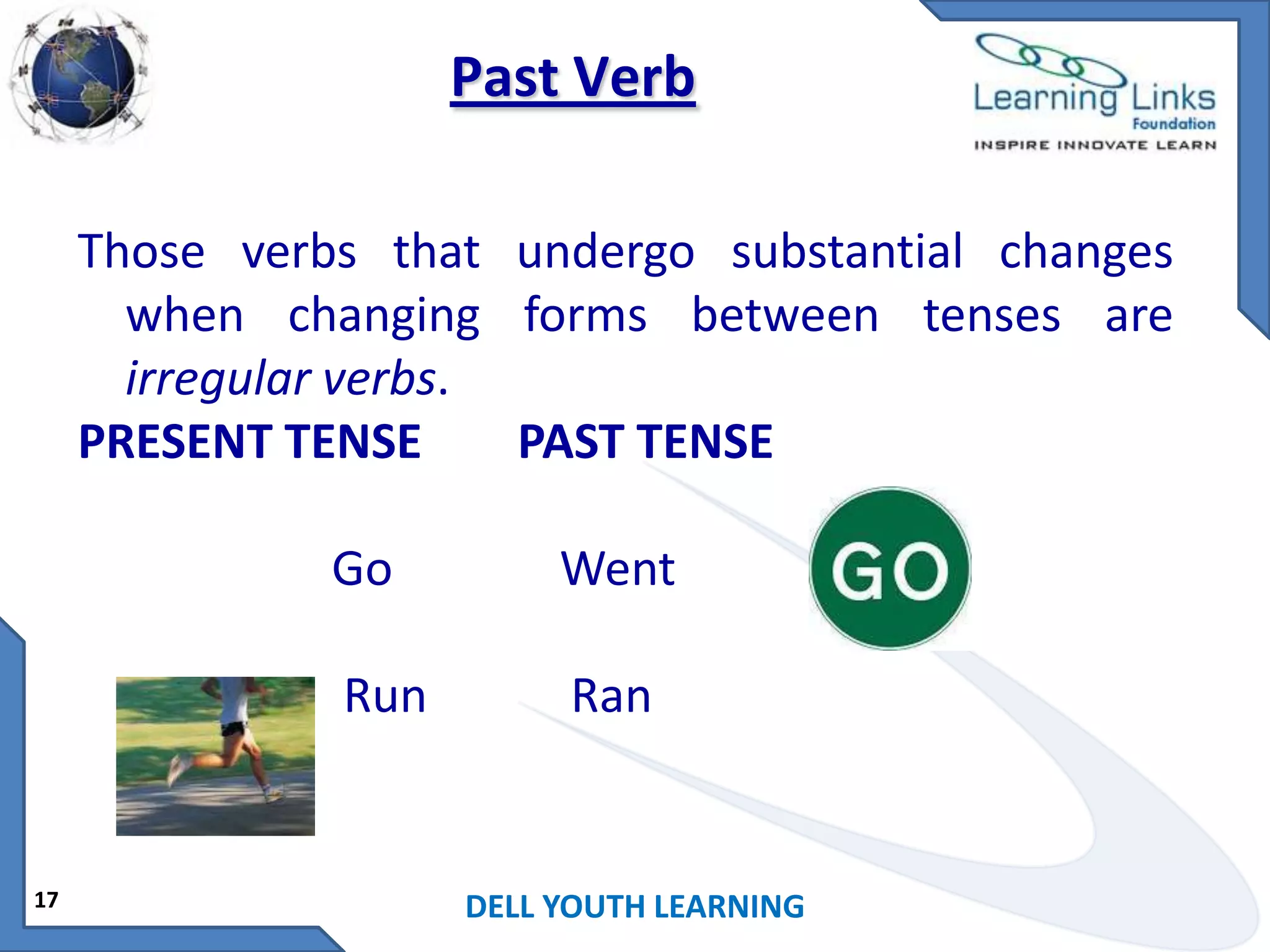 Past Verb
Those verbs that undergo substantial changes
when changing forms between tenses are
irregular verbs.
PRESENT TENSE
PAST TENSE
Go
Run

17

Went
Ran

DELL YOUTH LEARNING

 