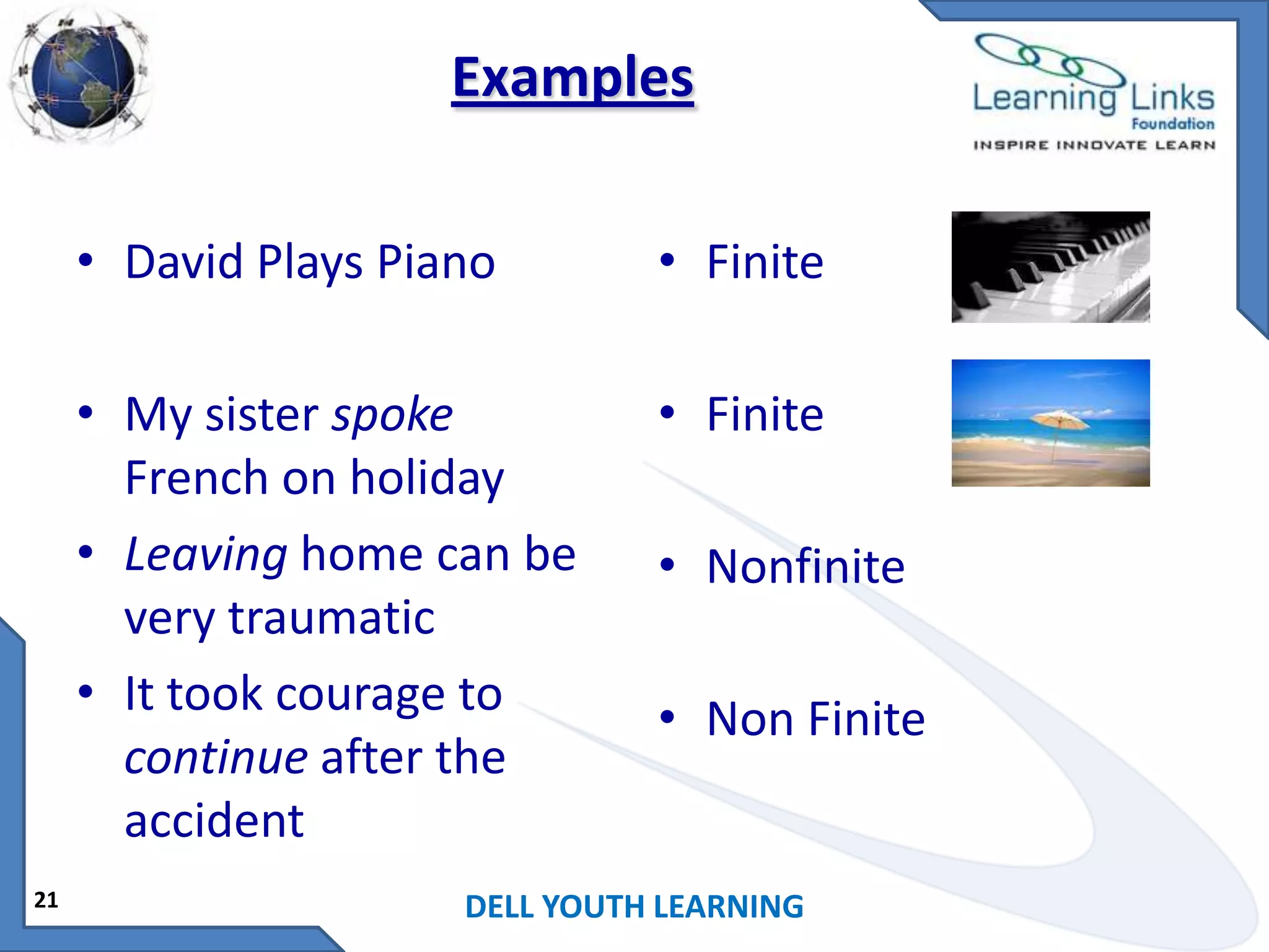 Examples
• David Plays Piano
• My sister spoke
French on holiday
• Leaving home can be
very traumatic
• It took courage to
continue after the
accident
21

• Finite
• Finite

• Nonfinite
• Non Finite

DELL YOUTH LEARNING

 