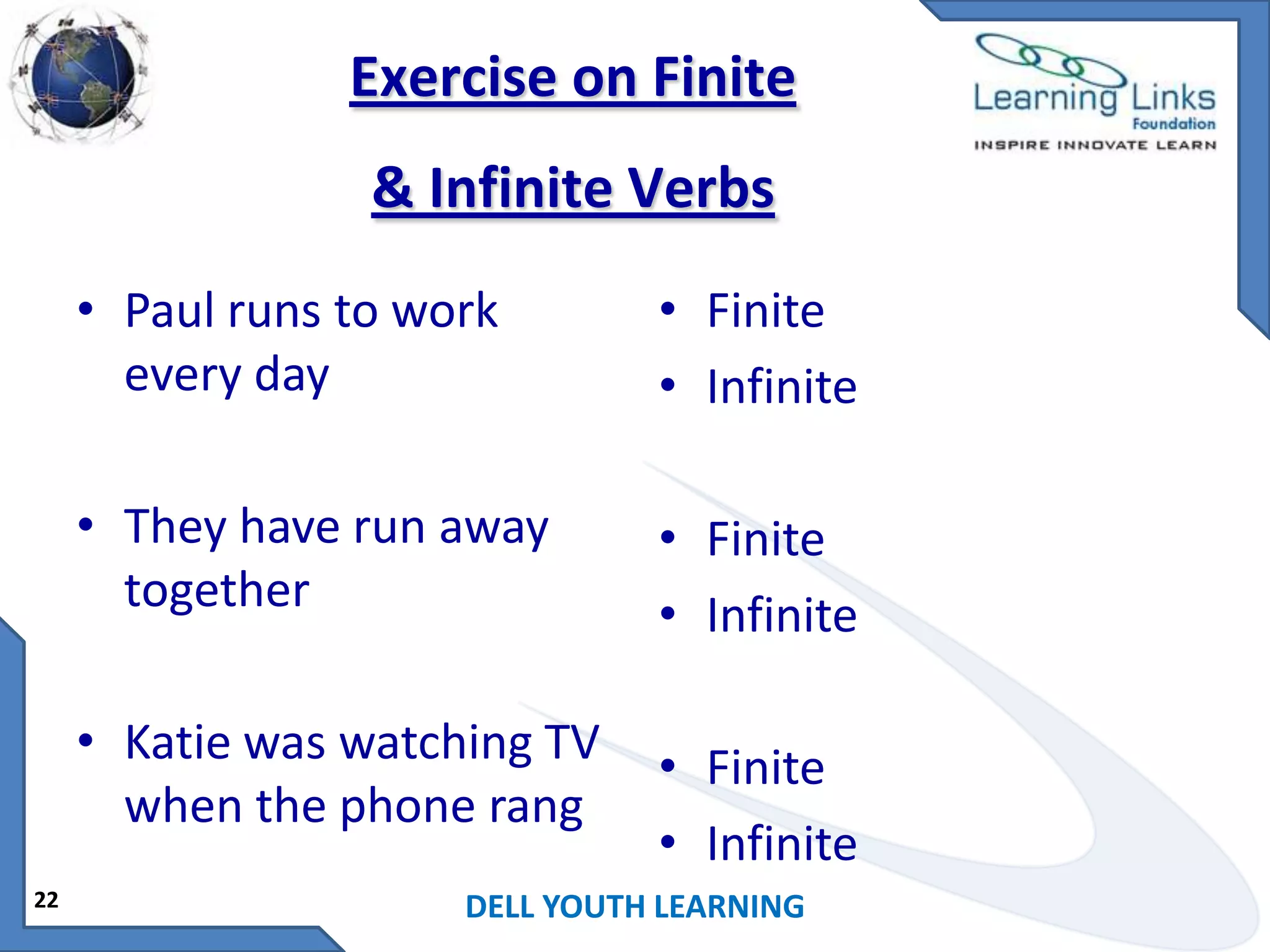 Exercise on Finite
& Infinite Verbs
• Paul runs to work
every day
• They have run away
together

• Finite
• Infinite

• Katie was watching TV
when the phone rang
22

• Finite
• Infinite

• Finite
• Infinite

DELL YOUTH LEARNING

 