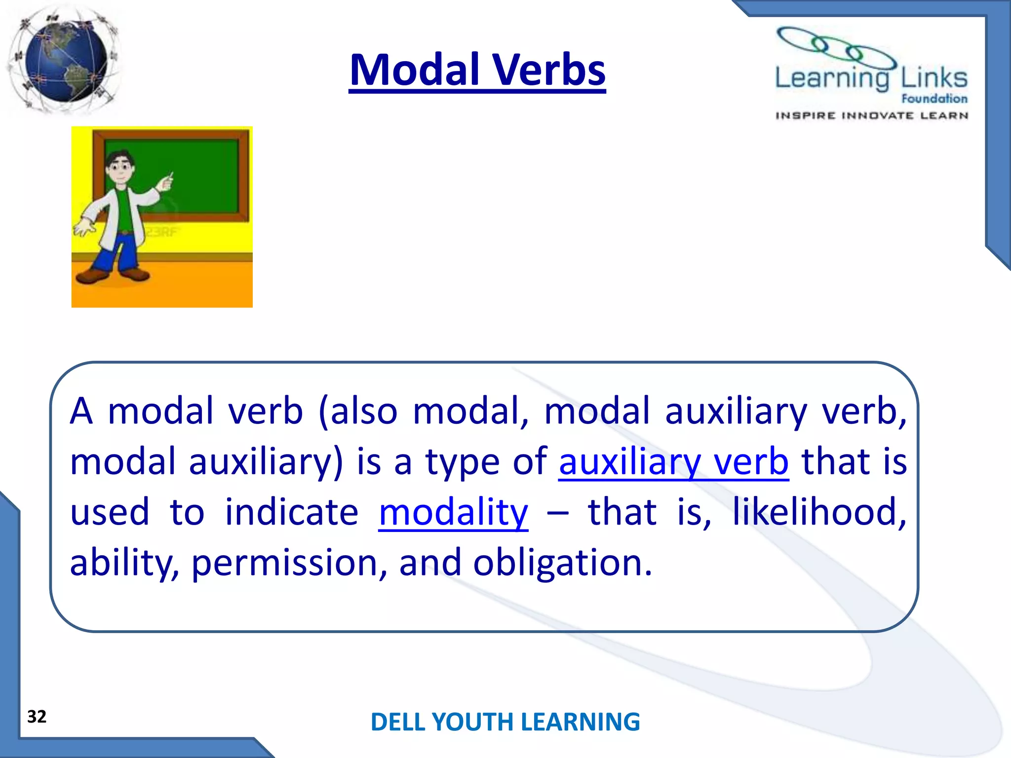 Modal Verbs

A modal verb (also modal, modal auxiliary verb,
modal auxiliary) is a type of auxiliary verb that is
used to indicate modality – that is, likelihood,
ability, permission, and obligation.

32

DELL YOUTH LEARNING

 