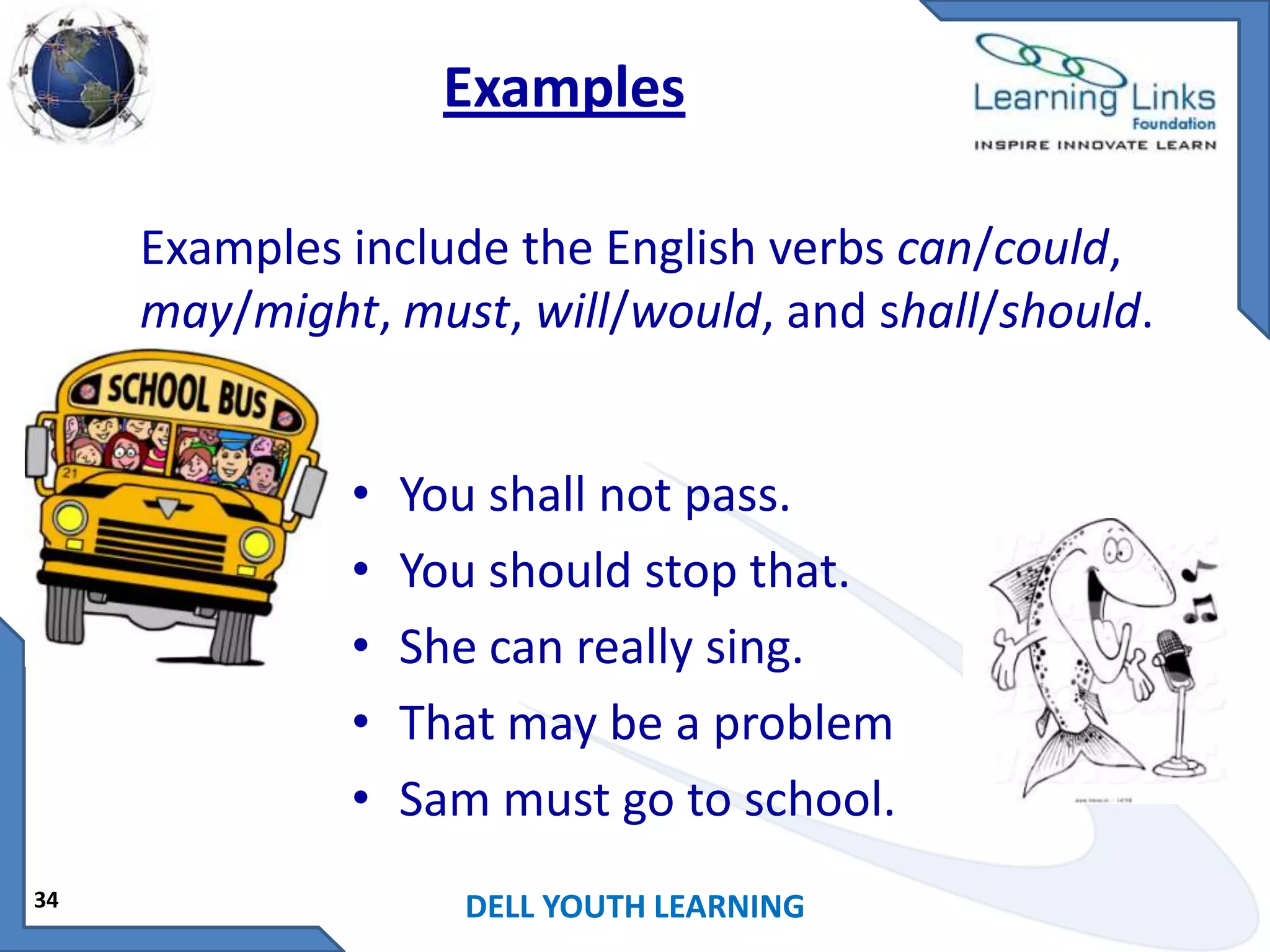 Examples
Examples include the English verbs can/could,
may/might, must, will/would, and shall/should.
•
•
•
•
•
34

You shall not pass.
You should stop that.
She can really sing.
That may be a problem
Sam must go to school.
DELL YOUTH LEARNING

 