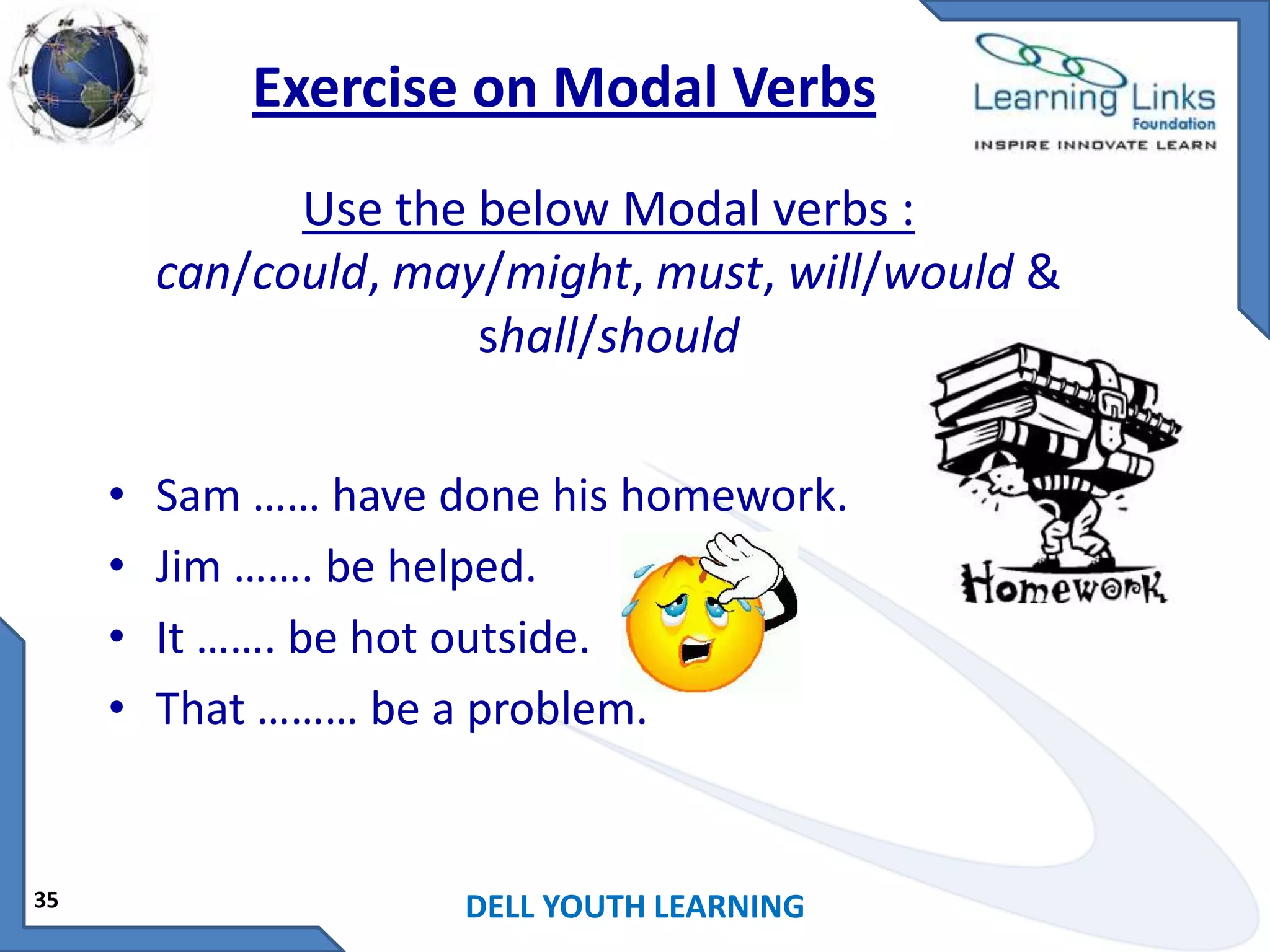 Exercise on Modal Verbs
Use the below Modal verbs :
can/could, may/might, must, will/would &
shall/should
•
•
•
•

35

Sam …… have done his homework.
Jim ……. be helped.
It ……. be hot outside.
That ……… be a problem.

DELL YOUTH LEARNING

 