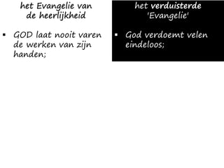 het Evangelie van
de heerlijkheid
▪ GOD laat nooit varen
de werken van zijn
handen;
het verduisterde
'Evangelie'
▪ God verdoemt velen
eindeloos;
 