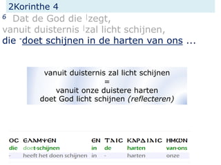 2Korinthe 4
6 Dat de God die |zegt,
vanuit duisternis |zal licht schijnen,
die -doet schijnen in de harten van ons ...
vanuit duisternis zal licht schijnen
=
vanuit onze duistere harten
doet God licht schijnen (reflecteren)
 