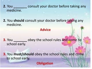 2. You _______ consult your doctor before taking any
medicine.
2. You should consult your doctor before taking any
medicine.
Advice
3. You _______ obey the school rules and come to
school early.
3. You must/should obey the school rules and come
to school early.
Obligation
 