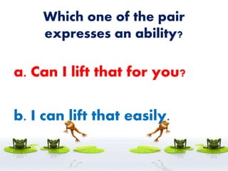Which one of the pair
expresses an ability?
a. Can I lift that for you?
b. I can lift that easily.
 
