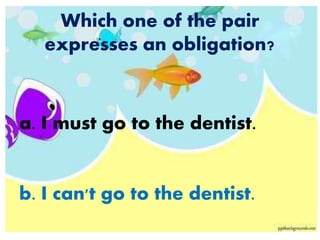 Which one of the pair
expresses an obligation?
a. I must go to the dentist.
b. I can't go to the dentist.
 