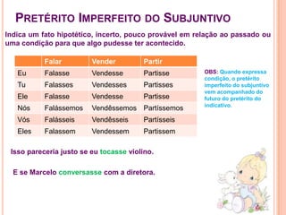 Pretérito Imperfeito do SubjuntivoIndica um fato hipotético, incerto, pouco provável em relação ao passado ou uma condição para que algo pudesse ter acontecido.OBS: Quando expressa condição, o pretérito imperfeito do subjuntivo vem acompanhado do futuro do pretérito do indicativo.Isso pareceria justo se eu tocasse violino. E se Marcelo conversasse com a diretora. 