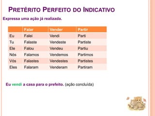 Pretérito Perfeito do IndicativoExpressa uma ação já realizada.Eu vendi a casa para o prefeito. (ação concluída)