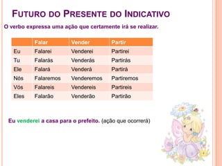 Futuro do Presente do IndicativoO verbo expressa uma ação que certamente irá se realizar.Eu venderei a casa para o prefeito. (ação que ocorrerá)