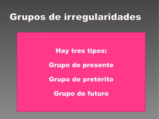 Hay tres tipos: Grupo de presente Grupo de pretérito Grupo de futuro 