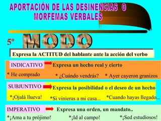 5º
 Expresa la ACTITUD del hablante ante la acción del verbo
 Expresa la ACTITUD del hablante ante la acción del verbo

 INDICATIVO           Expresa un hecho real y cierto
* He comprado          * ¿Cuándo vendrás?      * Ayer cayeron granizos
SUBJUNTIVO            Expresa la posibilidad o el deseo de un hecho
 *¡Ojalá llueva!   *Si vinieras a mi casa...   *Cuando hayas llegado...

IMPERATIVO             Expresa una orden, un mandato..
*¡Ama a tu prójimo!        *¡Id al campo!       *¡Sed estudiosos!
 