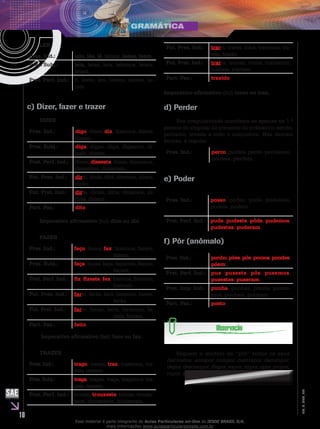 10
EM_V_GRA_009
LER
Pres. Ind.: leio, lês, lê, lemos, ledes, leem.
Pres. Subj.: leia, leias, leia, leiamos, leiais,
leiam.
Pret. Perf. Ind.: li, leste, leu, lemos, lestes, le-
ram.
c) Dizer, fazer e trazer
DIZER
Pres. Ind.: digo, dizes, diz, dizemos, dizeis,
dizem.
Pres. Subj.: diga, digas, diga, digamos, di-
gais, digam.
Pret. Perf. Ind.: disse, disseste, disse, dissemos,
dissestes, disseram.
Fut. Pres. Ind.: direi, dirás, dirá, diremos, direis,
dirão.
Fut. Pret. Ind.: diria, dirias, diria, diríamos, di-
ríeis, diriam.
Part. Pas.: dito.
Imperativo afirmativo (tu): dize ou diz.
FAZER
Pres. Ind.: faço, fazes, faz, fazemos, fazeis,
fazem.
Pres. Subj.: faça, faças, faça, façamos, façais,
façam.
Pret. Perf. Ind.: fiz, fizeste, fez, fizemos, fizestes,
fizeram.
Fut. Pres. Ind.: farei, farás, fará, faremos, fareis,
farão.
Fut. Pret. Ind.: faria, farias, faria, faríamos, fa-
ríeis, fariam.
Part. Pas.: feito.
Imperativo afirmativo (tu): faze ou faz.
TRAZER
Pres. Ind.: trago, trazes, traz, trazemos, tra-
zeis, trazem.
Pres. Subj.: traga, tragas, traga, tragamos, tra-
gais, tragam.
Pret. Perf. Ind.: trouxe, trouxeste, trouxe, trouxe-
mos, trouxestes, trouxeram.
Fut. Pres. Ind.: trarei, trarás, trará, traremos, tra-
reis, trarão.
Fut. Pret. Ind.: traria, trarias, traria, traríamos,
traríeis, trariam.
Part. Pas.: trazido.
Imperativo afirmativo (tu): traze ou traz.
d) Perder
Sua irregularidade manifesta-se apenas na 1.ª
pessoa do singular do presente do indicativo, sendo,
portanto, levada a todo o subjuntivo. Nas demais
formas, é regular.
Pres. Ind.: perco, perdes, perde, perdemos,
perdeis, perdem.
e) Poder
Pres. Ind.: posso, podes, pode, podemos,
podeis, podem.
Pret. Perf. Ind.: pude, pudeste, pôde, pudemos,
pudestes, puderam.
f) Pôr (anômalo)
Pres. Ind.: ponho,pões,põe,pomos,pondes,
põem.
Pret. Perf. Ind.: pus, puseste, pôs, pusemos,
pusestes, puseram.
Pret. Imp. Ind.: punha, punhas, punha, púnha-
mos, púnheis, punham.
Part. Pas.: posto.
Seguem o modelo de “pôr” todos os seus
derivados: antepor, compor, contrapor, decompor,
depor, descompor, dispor, expor, impor, opor, propor,
repor, supor, transpor etc.
Esse material é parte integrante do Aulas Particulares on-line do IESDE BRASIL S/A,
mais informações www.aulasparticularesiesde.com.br
 