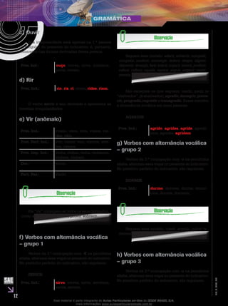 12
EM_V_GRA_009
c) Ouvir
Sua irregularidade está apenas na 1.ª pessoa
do singular do presente do indicativo; é, portanto,
recorrente nas formas derivadas dessa pessoa.
Pres. Ind.: ouço, ouves, ouve, ouvimos,
ouvis, ouvem.
d) Rir
Pres. Ind.: rio, ris, ri, rimos, rides, riem.
O verbo sorrir é seu derivado e apresenta as
mesmas irregularidades.
e) Vir (anômalo)
Pres. Ind.: venho, vens, vem, vimos, vin-
des, vêm.
Pret. Perf. Ind.: vim, vieste, veio, viemos, vies-
tes, vieram.
Pret. Imp. Ind.: vinha, vinhas, vinha, vínhamos,
vínheis, vinham.
Ger.: vindo.
Part. Pas.: vindo.
Por “vir” conjugam-se todos os seus derivados,
como advir, convir, intervir, provir, sobrevir...
f) Verbos com alternância vocálica
– grupo 1
Verbos da 3.ª conjugação com -E na penúltima
sílaba, alternam essa vogal no presente do indicativo.
No pretérito perfeito do indicativo, são regulares.
SERVIR
Pres. Ind.: sirvo, serves, serve, servimos,
servis, servem.
Seguem esse modelo: aderir, advertir, compelir,
competir, conferir, convergir, deferir, despir, digerir,
discernir,divergir,ferir,inferir,ingerir,inserir,preferir,
referir, refletir, repelir, repetir, seguir, sugerir, vestir,
mentir, sentir, entre outros.
São exceções os que seguem: medir, pedir (e
“derivados”, já analisados), agredir, denegrir, preve-
nir, progredir, regredir e transgredir. Esses mantêm
a alternância vocálica em mais pessoas.
AGREDIR
Pres. Ind.: agrido, agrides, agride, agredi-
mos, agredis, agridem.
g) Verbos com alternância vocálica
– grupo 2
Verbos da 3.ª conjugação com -o na penúltima
sílaba, alternam essa vogal no presente do indicativo.
No pretérito perfeito do indicativo, são regulares.
DORMIR
Pres. Ind.: durmo, dormes, dorme, dormi-
mos, dormis, dormem.
Seguem esse modelo: tossir, engolir, cobrir (e
derivados), entre outros.
h) Verbos com alternância vocálica
– grupo 3
Verbos da 3.ª conjugação com -u na penúltima
sílaba, alternam essa vogal no presente do indicativo.
No pretérito perfeito do indicativo, são regulares.
Esse material é parte integrante do Aulas Particulares on-line do IESDE BRASIL S/A,
mais informações www.aulasparticularesiesde.com.br
 