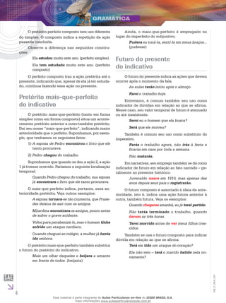 4
EM_V_GRA_010
O pretérito perfeito composto tem uso diferente
do simples. O composto indica a repetição da ação
passada concluída.
Observe a diferença nas seguintes constru-
ções:
Ela estudou muito este ano. (perfeito simples)
Ela tem estudado muito este ano. (perfeito
composto)
O perfeito composto traz a ação pretérita até o
presente, indicando que, apesar de ela já ter estuda-
do, continua fazendo essa ação no presente.
Pretérito mais-que-perfeito
do indicativo
O pretérito mais-que-perfeito (tanto em forma
simples como em forma composta) situa um aconte-
cimento pretérito anterior a outro também pretérito.
Daí seu nome “mais-que-perfeito”, indicando maior
anterioridade que o perfeito. Suponhamos, por exem-
plo, que tenhamos os seguintes fatos:
A esposa de Pedro1)	 encontrou o livro que ele
tanto procurava.
Pedro2)	 chegou do trabalho.
Suponhamos que quando se deu a ação 2, a ação
1 já tivesse ocorrido. Faríamos a seguinte localização
temporal:
Quando Pedro chegou do trabalho, sua esposa
já encontrara o livro que ele tanto procurava.
O mais-que-perfeito indica, portanto, essa an-
terioridade pretérita. Veja outros exemplos:
A esposa tornara-se tão ciumenta, que Praxe-
des deixou de sair com os amigos.
Mijardina encontrara os amigos, pouco antes
de sofrer o grave acidente.
Voltei para parabenizá-lo, mas o homem tinha
sofrido um ataque cardíaco.
Quando cheguei ao colégio, a mulher já havia
ido embora.
O pretérito mais-que-perfeito também substitui
o futuro do pretérito do indicativo.
Mais um olhar daqueles e beijara a amante
em frente de todos. (beijaria)
Ainda, o mais-que-perfeito é empregado no
lugar do imperfeito do subjuntivo.
Pudera eu tocá-la, senti-la em meus braços...
(pudesse)
Futuro do presente
do indicativo
O futuro do presente indica as ações que devem
ocorrer após o momento da fala.
As aulas terão início após o almoço.
Farei o trabalho hoje.
Entretanto, é comum também seu uso como
indicador de dúvidas em relação ao que se afirma.
Nesse caso, seu valor temporal de futuro é atenuado
ou até inexistente.
Serei eu o homem que ela busca?
Será que ele morreu?
Também é comum seu uso como substituto do
imperativo.
Farás o trabalho agora, não irás à festa e
ficarás em casa por toda a semana.
Não matarás.
Em narrativas, seu emprego também se dá como
indicador de futuro em relação ao fato narrado – ge-
ralmente no presente histórico.
Juvenaldo nasce em 1910, mas apenas dez
anos depois seus pais o registrarão.
O futuro composto é associado à ideia de ante-
rioridade, isto é, indica uma ação futura anterior à
outra, também futura. Veja os exemplos:
Quando chegares amanhã, eu já terei partido.
Não terás terminado o trabalho, quando
derem as três horas.
Terei morrido antes de ver meus filhos cres-
cidos.
Também se usa o futuro composto para indicar
dúvida em relação ao que se afirma.
Terá ele tido um ataque do coração?
Ela não veio – terá o marido batido nela no-
vamente?
Esse material é parte integrante do Aulas Particulares on-line do IESDE BRASIL S/A,
mais informações www.aulasparticularesiesde.com.br
 