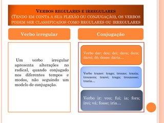VERBOS REGULARES E IRREGULARES
(TENDO EM CONTA A SUA FLEXÃO OU CONJUGAÇÃO), OS VERBOS
PODEM SER CLASSIFICADOS COMO REGULARES OU IRREGULARES

Verbo irregular

Um
verbo
irregular
apresenta alterações no
radical, quando conjugado
nos diferentes tempos e
modos, não seguindo um
modelo de conjugação.

Conjugação

Verbo dar: dou; dei; dava; dera;
darei; dê; desse; daria…

Verbo trazer: trago; trouxe; trazia;
trouxera; trarei; traga; trouxesse;
traria…

Verbo ir: vou; fui; ia; fora;
irei; vá; fosse; iria…

 