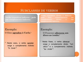 SUBCLASSES DE VERBOS
Verbo transitivo indireto – pede
um complemento indireto.

Verbo transitivo direto e indireto –
pede
dois
complementos:
um
complemento
direto
e
um
complemento indireto.

Exemplo:

Exemplo:

O filme agradou à Carla.¹

¹ Neste caso, o verbo agradar

exige o complemento indireto

“à Carla”.

O Francisco ofereceu um
disco ao irmão.¹

¹ Nesta frase, o verbo oferecer
exige o complemento direto “um
disco” e o complemento indireto
“ao irmão”.

 