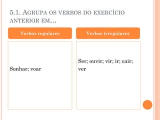 5.1. AGRUPA OS VERBOS DO EXERCÍCIO
ANTERIOR EM…
Verbos regulares

Sonhar; voar

Verbos irregulares

Ser; ouvir; vir; ir; cair;
ver

 