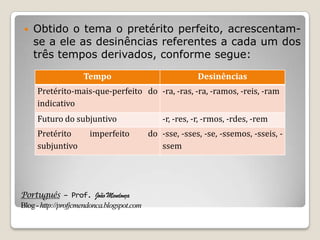 Português – Prof. João Mendonça
Blog-http://profjcmendonca.blogspot.com
 Obtido o tema o pretérito perfeito, acrescentam-
se a ele as desinências referentes a cada um dos
três tempos derivados, conforme segue:
Tempo Desinências
Pretérito-mais-que-perfeito do
indicativo
-ra, -ras, -ra, -ramos, -reis, -ram
Futuro do subjuntivo -r, -res, -r, -rmos, -rdes, -rem
Pretérito imperfeito do
subjuntivo
-sse, -sses, -se, -ssemos, -sseis, -
ssem
 