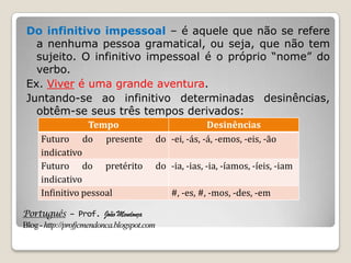 Português – Prof. João Mendonça
Blog-http://profjcmendonca.blogspot.com
Do infinitivo impessoal – é aquele que não se refere
a nenhuma pessoa gramatical, ou seja, que não tem
sujeito. O infinitivo impessoal é o próprio “nome” do
verbo.
Ex. Viver é uma grande aventura.
Juntando-se ao infinitivo determinadas desinências,
obtêm-se seus três tempos derivados:
Tempo Desinências
Futuro do presente do
indicativo
-ei, -ás, -á, -emos, -eis, -ão
Futuro do pretérito do
indicativo
-ia, -ias, -ia, -íamos, -íeis, -iam
Infinitivo pessoal #, -es, #, -mos, -des, -em
 