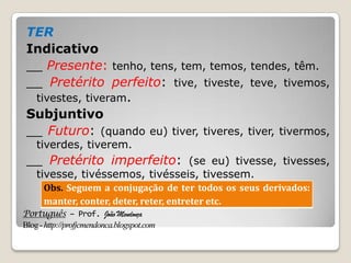 Português – Prof. João Mendonça
Blog-http://profjcmendonca.blogspot.com
TER
Indicativo
__ Presente: tenho, tens, tem, temos, tendes, têm.
__ Pretérito perfeito: tive, tiveste, teve, tivemos,
tivestes, tiveram.
Subjuntivo
__ Futuro: (quando eu) tiver, tiveres, tiver, tivermos,
tiverdes, tiverem.
__ Pretérito imperfeito: (se eu) tivesse, tivesses,
tivesse, tivéssemos, tivésseis, tivessem.
Obs. Seguem a conjugação de ter todos os seus derivados:
manter, conter, deter, reter, entreter etc.
 