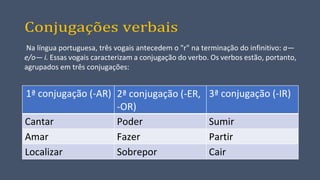Conjugações verbais
Na língua portuguesa, três vogais antecedem o "r" na terminação do infinitivo: a—
e/o— i. Essas vogais caracterizam a conjugação do verbo. Os verbos estão, portanto,
agrupados em três conjugações:
1ª conjugação (-AR) 2ª conjugação (-ER,
-OR)
3ª conjugação (-IR)
Cantar Poder Sumir
Amar Fazer Partir
Localizar Sobrepor Cair
 