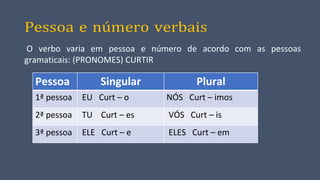 Pessoa e número verbais
O verbo varia em pessoa e número de acordo com as pessoas
gramaticais: (PRONOMES) CURTIR
Pessoa Singular Plural
1ª pessoa EU Curt – o NÓS Curt – imos
2ª pessoa TU Curt – es VÓS Curt – is
3ª pessoa ELE Curt – e ELES Curt – em
 