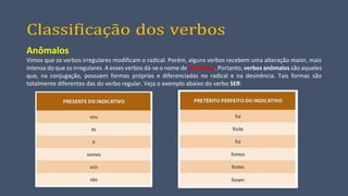 Classificação dos verbos
Anômalos
Vimos que os verbos irregulares modificam o radical. Porém, alguns verbos recebem uma alteração maior, mais
intensa do que os irregulares. A esses verbos dá-se o nome de anômalos. Portanto, verbos anômalos são aqueles
que, na conjugação, possuem formas próprias e diferenciadas no radical e na desinência. Tais formas são
totalmente diferentes das do verbo regular. Veja o exemplo abaixo do verbo SER:
 
