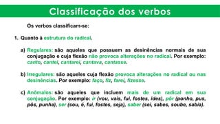 Classificação dos verbos
Os verbos classificam-se:
1. Quanto à estrutura do radical.
a) Regulares: são aqueles que possuem as desinências normais de sua
conjugação e cuja flexão não provoca alterações no radical. Por exemplo:
canto, cantei, cantarei, cantava, cantasse.
b) Irregulares: são aqueles cuja flexão provoca alterações no radical ou nas
desinências. Por exemplo: faço, fiz, farei, fizesse.
c) Anômalos: são aqueles que incluem mais de um radical em sua
conjugação. Por exemplo: ir (vou, vais, fui, fostes, ides), pôr (ponho, pus,
pôs, punha), ser (sou, é, fui, fostes, seja), saber (sei, sabes, soube, sabia).
 