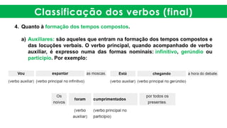 Classificação dos verbos (final)
4. Quanto à formação dos tempos compostos.
a) Auxiliares: são aqueles que entram na formação dos tempos compostos e
das locuções verbais. O verbo principal, quando acompanhado de verbo
auxiliar, é expresso numa das formas nominais: infinitivo, gerúndio ou
particípio. Por exemplo:
 