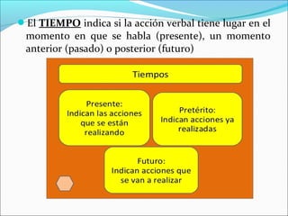 El TIEMPO indica si la acción verbal tiene lugar en el
 momento en que se habla (presente), un momento
 anterior (pasado) o posterior (futuro)
 