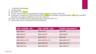 VerboSALVAR(regular).
1) (Tu) SALVASTE.
2) SALVASTE– STE = SALVA
3) SALVA – Será a base que se repetirá em todas as pessoas e tempos derivados.
4) Acrescente a desinência modo-temporal (DMT): RA/RE para pretérito mais-que-perfeito / SSE para o pretérito
imperfeito do subjuntivoe R para o futurodo subjuntivo.
(No nosso caso, TRAZER é da 2ª conjugação, logo usaremos a DMT “A”).
5) Agora colocam-se as desinências número-pessoais.
PRET. MQPERF. IND PRET. IMPERF. SUBJ FUTURO SUBJUNTIVO
SALVARA SALVASSE SALVAR
SALVARAS SALVASSES SALVARES
SALVARA SALVASSE SALVAR
SALVÁRAMOS SALVÁSSEMOS SALVARMOS
SALVÁREIS SALVÁSSEIS SALVARDES
SALVARAM SALVASSEM SALVAREM
Jones L. Aires
 