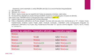 Usaremos como exemplo o verboTRAZER,devidoà sua reconhecida irregularidade.
1) (Eu) TRAGO.
2) TRAGO – O = TRAG
3) TRAG – Será a base que se repetirá em todas as pessoas e tempos derivados.
4) Acrescentea desinência modo-temporal (DMT): E para a 1ª conjugação / A para as demais.
(No nosso caso, TRAZER é da 2ª conjugação, logo usaremos a DMT “A”).
5) Agora colocam-se as desinências número-pessoais.
6) Para o imperativo afirmativo as 2ª pes. sing/pl (tu/vós) vêm do pres. Ind. Cortando-se o “S” – trazes= traze;
trazeis=trazei. (Verbos como trazer, dizer, traduzir, conduzir... Admitem uma conjugação irregular no
imperativo afirmativo na 2ª pes. sing. Podendo-se tirar esse “e” que é a forma regular – traz tu, faz tu, traduz
tu, conduz tu...
Presente do subjuntivo Imperativo afirmativo Imperativo negativo
TRAGA
TRAGAS TRAZE NÃO TRAGAS
TRAGA TRAGA NÃO TRAGA
TRAGAMOS TRAGAMOS NÃO TRAGAMOS
TRAGAIS TRAZEI NÃO TRAGAIS
TRAGAM TRAGAM NÃO TRAGAM
Jones L. Aires
 