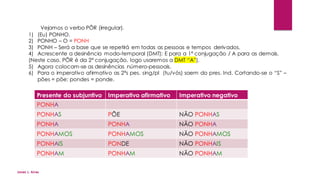 Vejamos o verbo PÔR (irregular).
1) (Eu) PONHO.
2) PONHO – O = PONH
3) PONH – Será a base que se repetirá em todas as pessoas e tempos derivados.
4) Acrescente a desinência modo-temporal (DMT): E para a 1ª conjugação / A para as demais.
(Neste caso, PÔR é da 2ª conjugação, logo usaremos a DMT “A”).
5) Agora colocam-se as desinências número-pessoais.
6) Para o imperativo afirmativo as 2ªs pes. sing/pl (tu/vós) saem do pres. Ind. Cortando-se o “S” –
pões = põe; pondes = ponde.
Presente do subjuntivo Imperativo afirmativo Imperativo negativo
PONHA
PONHAS PÕE NÃO PONHAS
PONHA PONHA NÃO PONHA
PONHAMOS PONHAMOS NÃO PONHAMOS
PONHAIS PONDE NÃO PONHAIS
PONHAM PONHAM NÃO PONHAM
Jones L. Aires
 