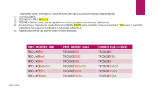 Usaremos como exemplo o verboTRAZER,devidoà sua reconhecida irregularidade.
1) (Tu) TROUXESTE.
2) TROUXESTE – STE = TROUXE
3) TROUXE – Será a base que se repetirá em todas as pessoas e tempos derivados.
4) Acrescente a desinência modo-temporal (DMT): RA/RE para pretérito mais-que-perfeito / SSE para o pretérito
imperfeito do subjuntivoe R para o futurodo subjuntivo.
5) Agora colocam-se as desinências número-pessoais.
PRET. MQPERF. IND PRET. IMPERF. SUBJ FUTURO SUBJUNTIVO
TROUXERA TROUXESSE TROUXER
TROUXERAS TROUXESSES TROUXERES
TROUXERA TROUXESSE TROUXER
TROUXÉRAMOS TROUXÉSSEMOS TROUXERMOS
TROUXÉREIS TROUXÉSSEIS TROUXERDES
TROUXERAM TROUXESSEM TROUXEREM
Jones L. Aires
 